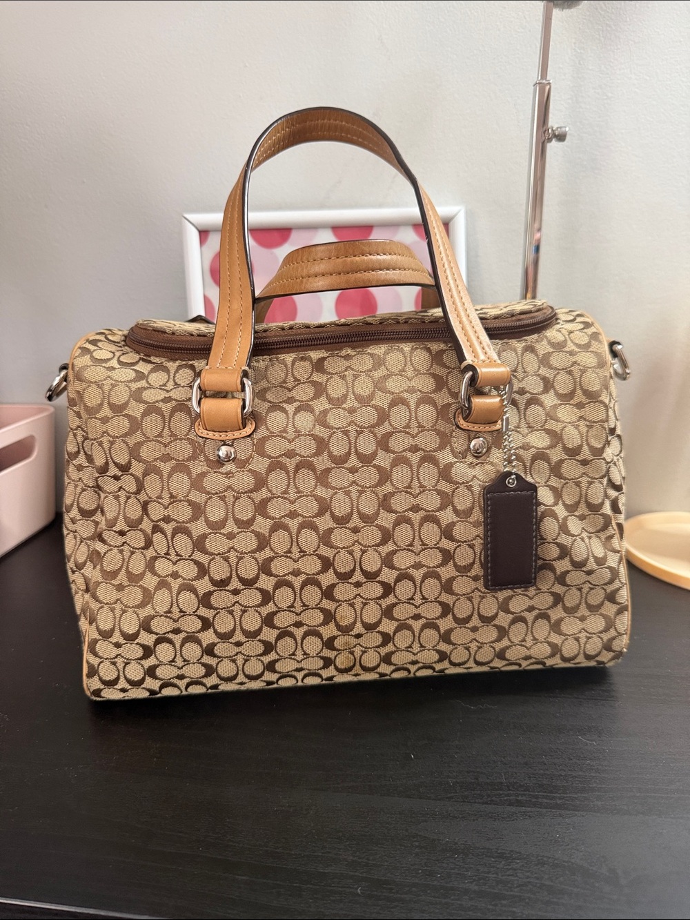 Coach Signature Canvas Boston Travel Satchel with strap